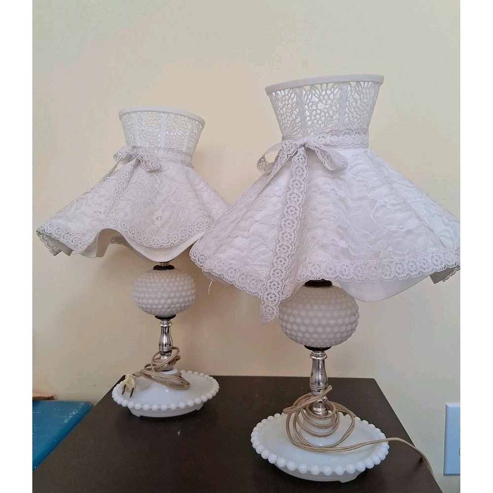 Vintage Hobnail Milk Glass 2 Table Lamps Work Tested.  17" Tall